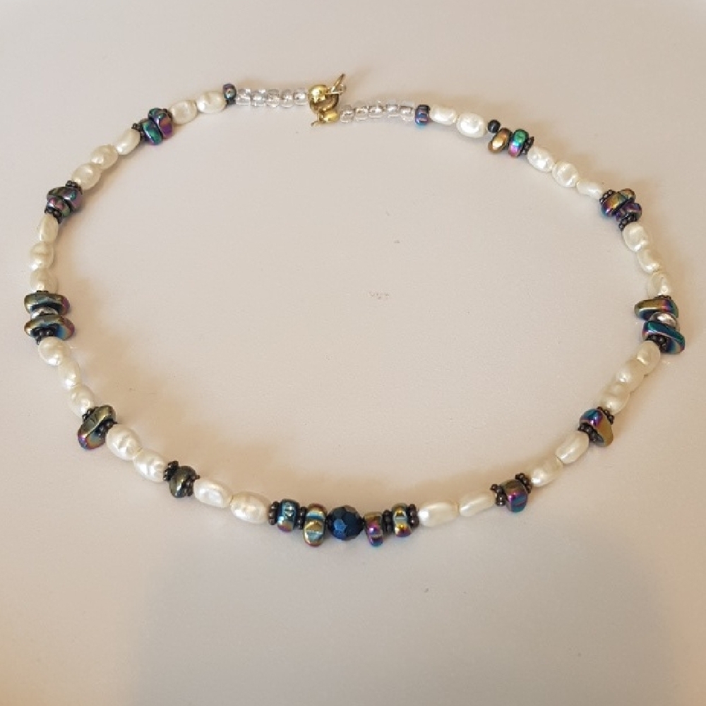 Patch & Roam Faux Seed Pearl Choker – Rainbow Hematite Boho Witchy Y2K Festival